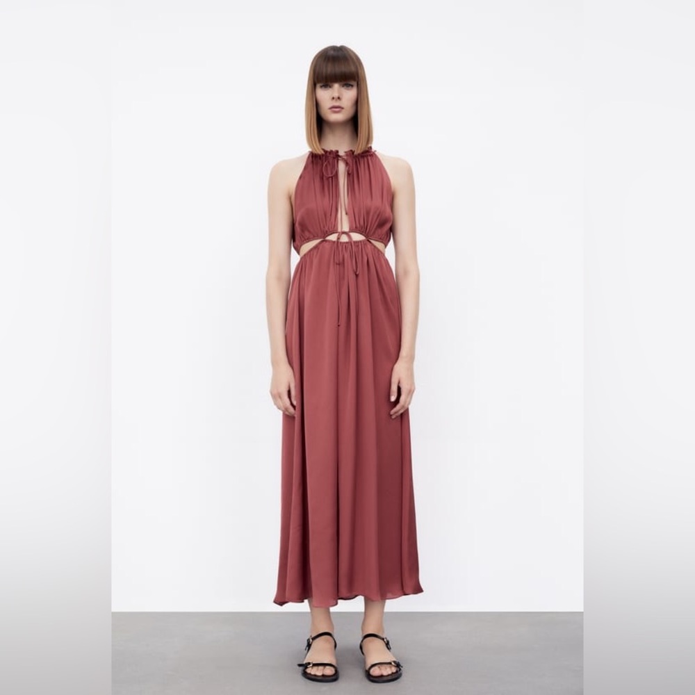 Zara SATIN EFFECT CUT OUT DRESS - Marsala (XS)